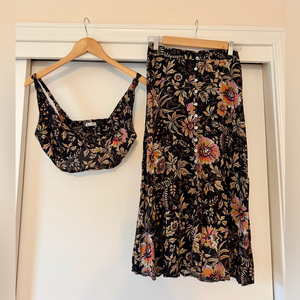 Free People Floral Button-Front Maxi Skirt and Crop Top Set - Black
